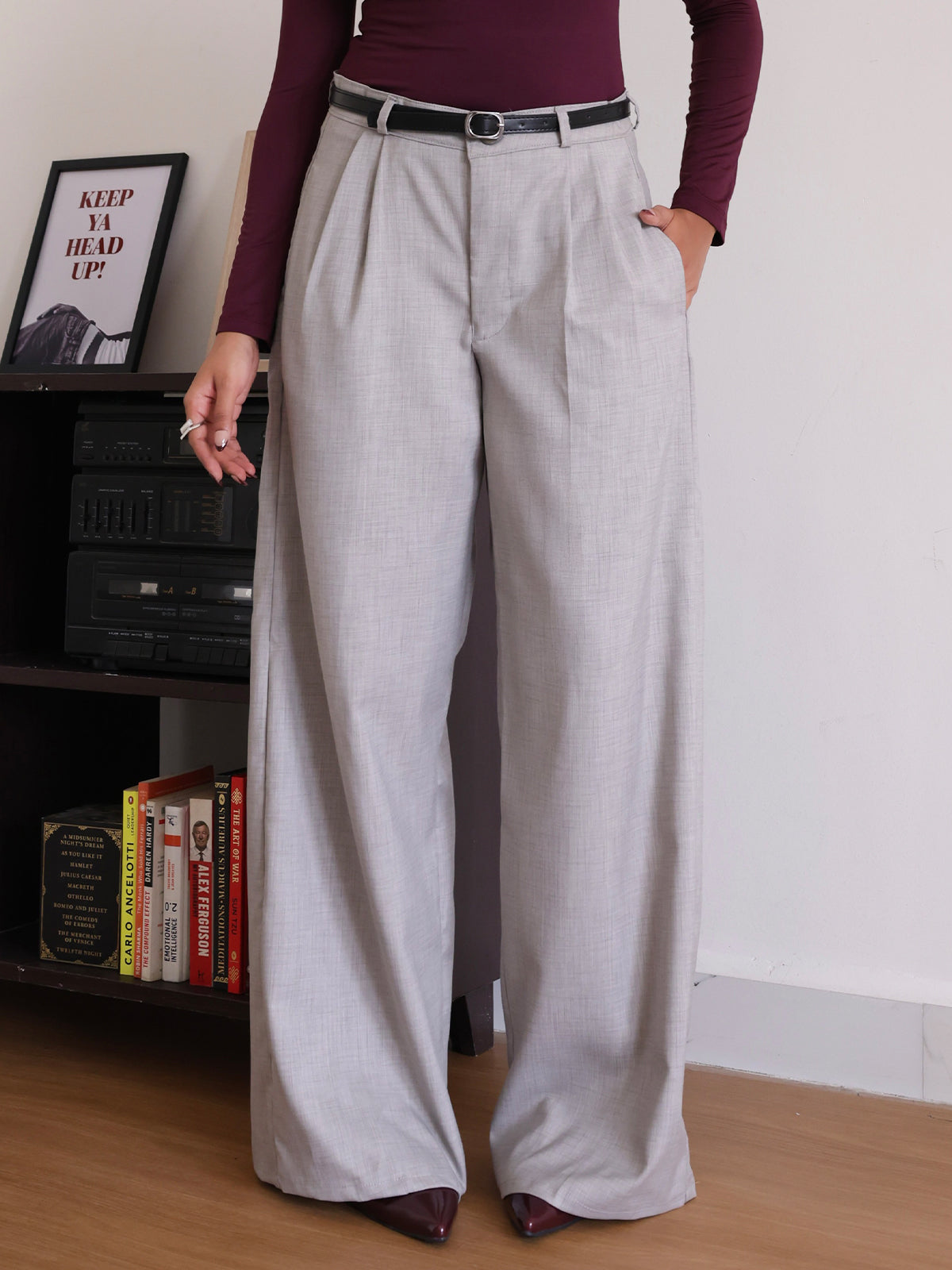 Oat Milk Belted Wide Leg Korean Pant