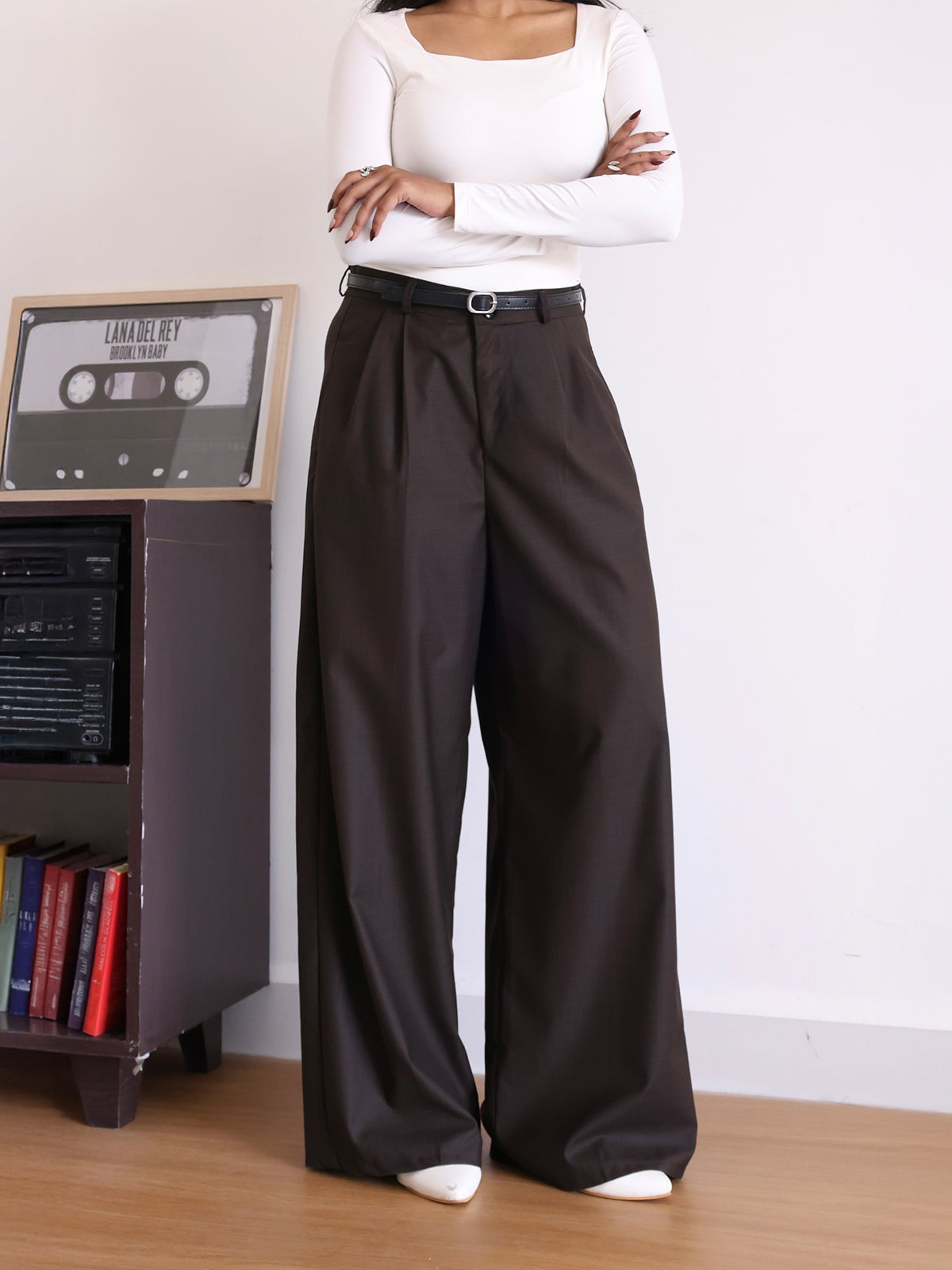 Espresso Brown Belted Wide Leg Korean Pant