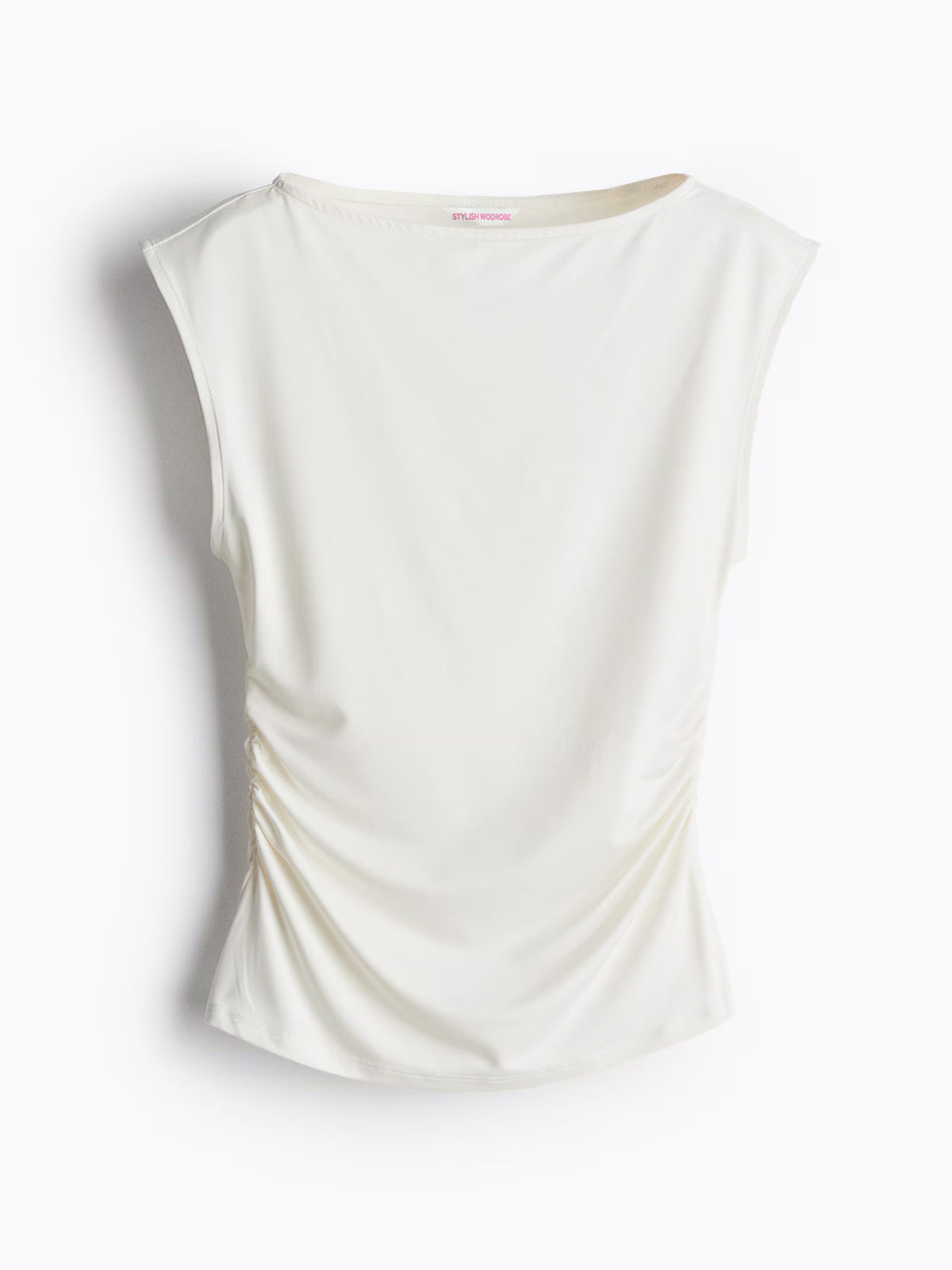 White Boat Neck Ruched Top