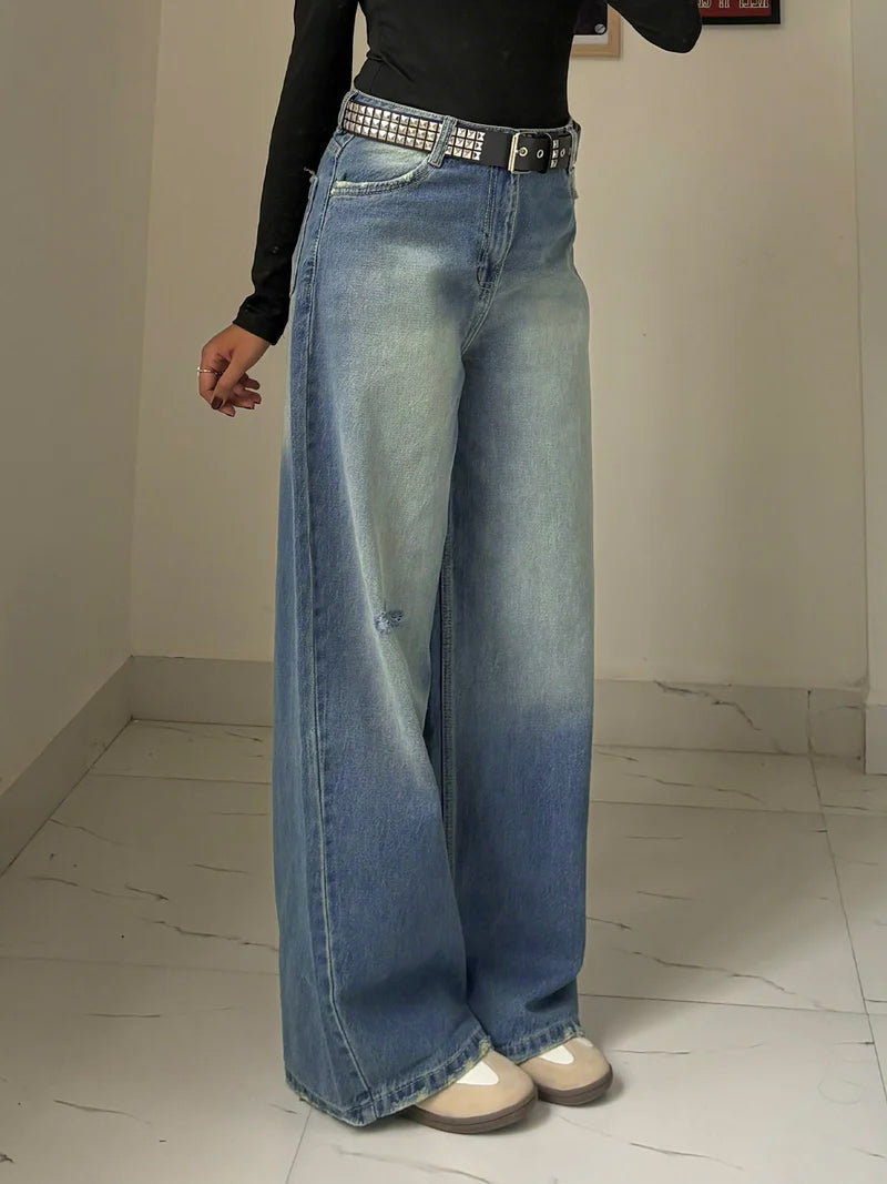 Airy Blue Washed Wide Leg Jeans
