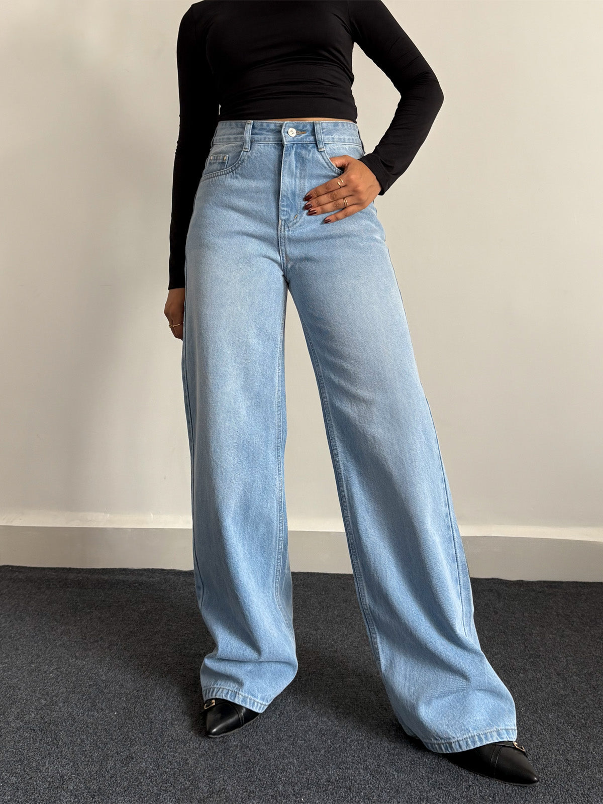 90'S Ice Blue Whisker Super Wide Leg Jeans