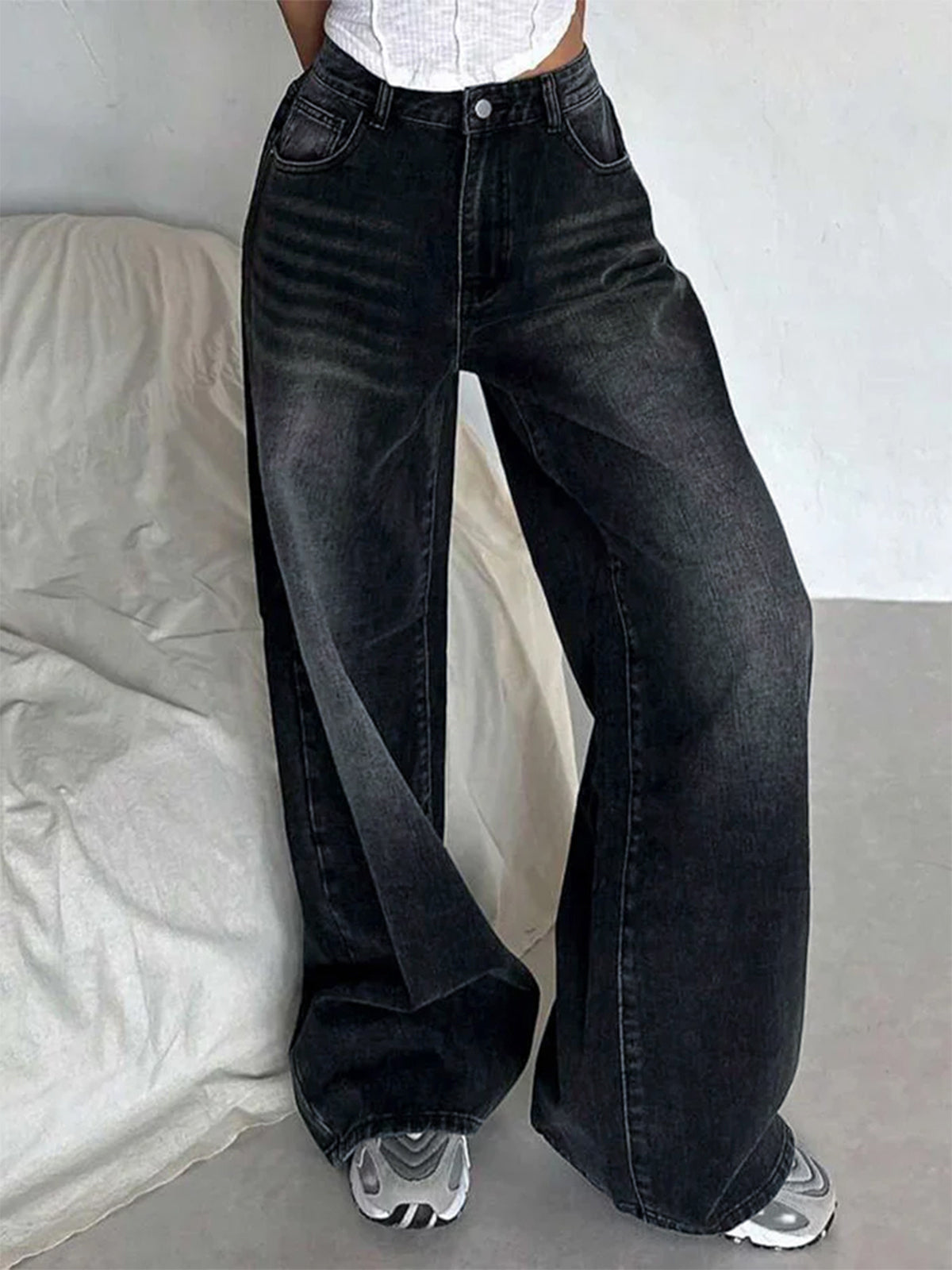 Retro Black Washed Super Wide Leg Jeans