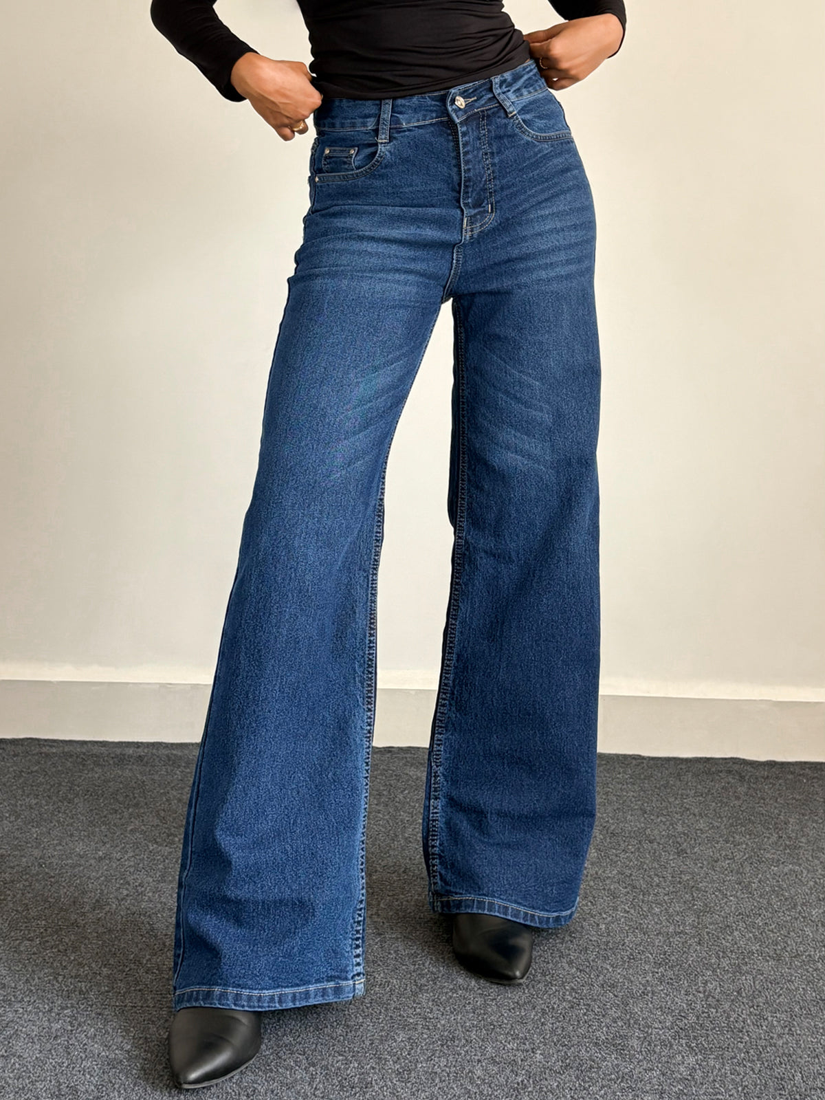 Luxe Midnight Blue Cat Whisker Stretchable Super Wide Leg Jeans