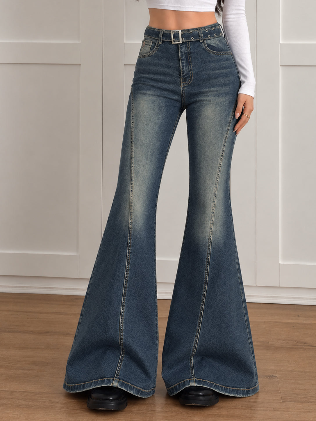 Dusty Navy Blue Belted Bootcut Jeans