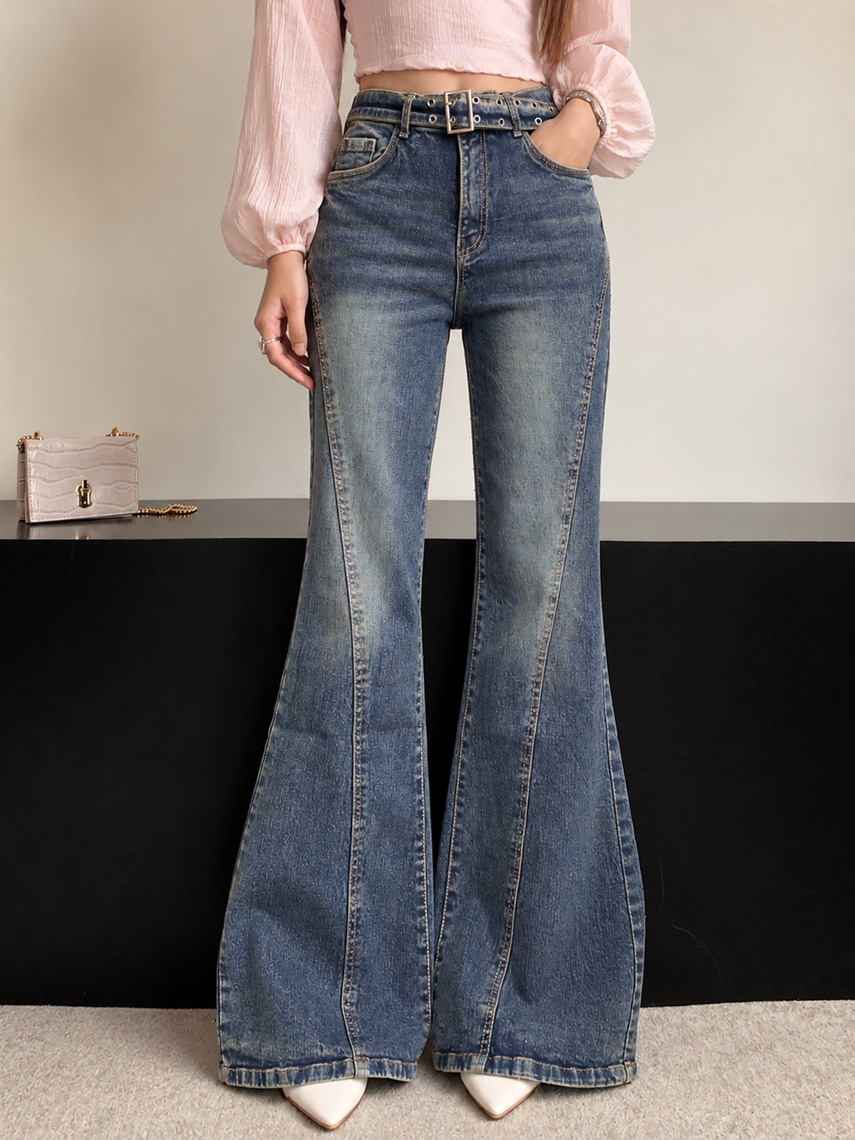 Breeze Blue Belted Bootcut Jeans