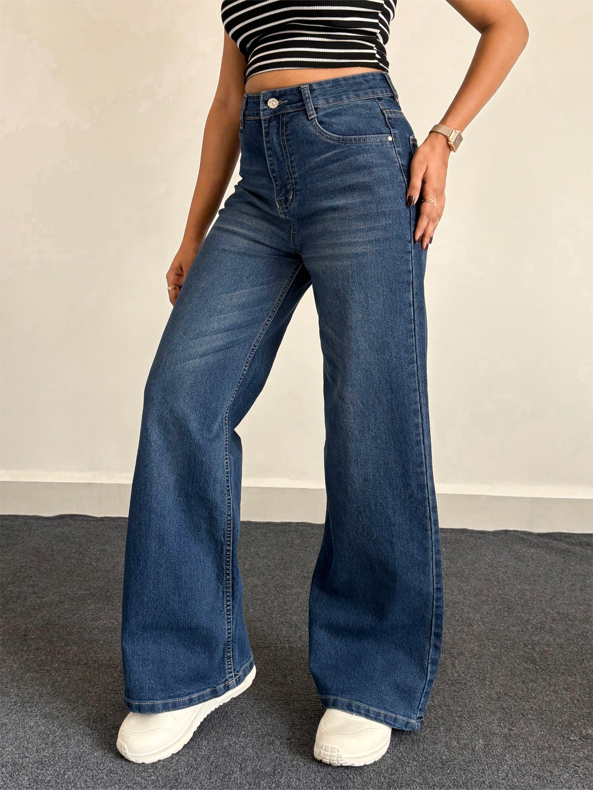 Luxe Vintage Blue Cat Whisker Stretchable Super Wide Leg Jeans