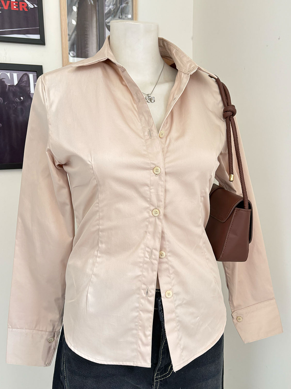 Beige Long Sleeve Y2K Fitted Shirt