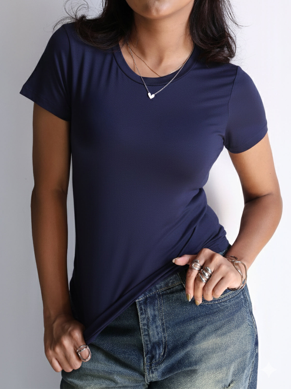 Navy Crew Neck Short Sleeve Slim Fit Top