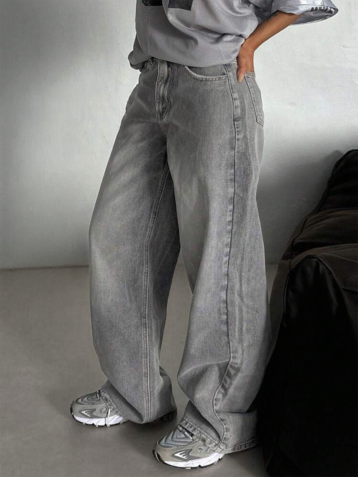 Comet Grey Washed Wide Leg Jeans