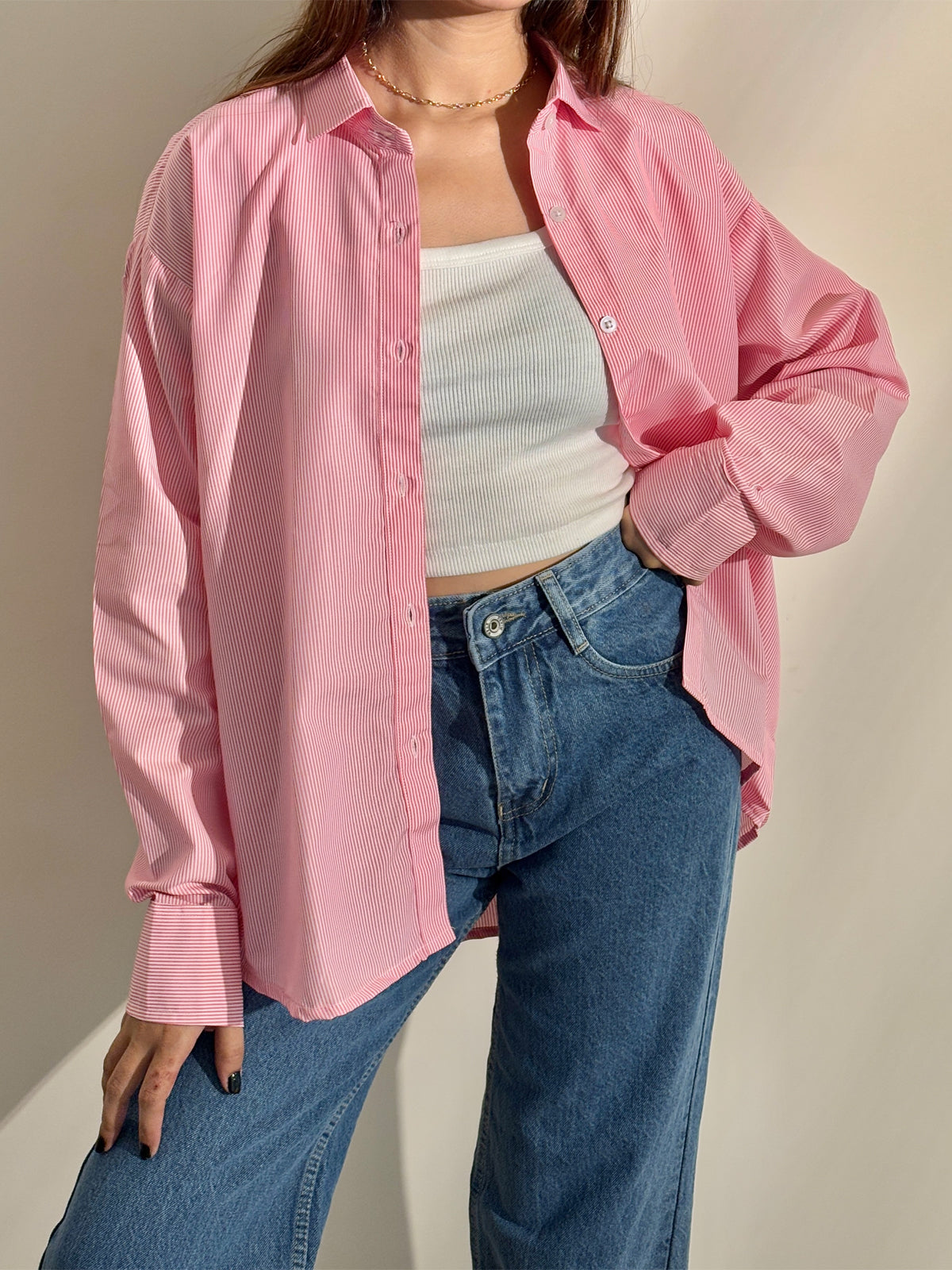 Pink  Striped Drop Shoulder Shirt