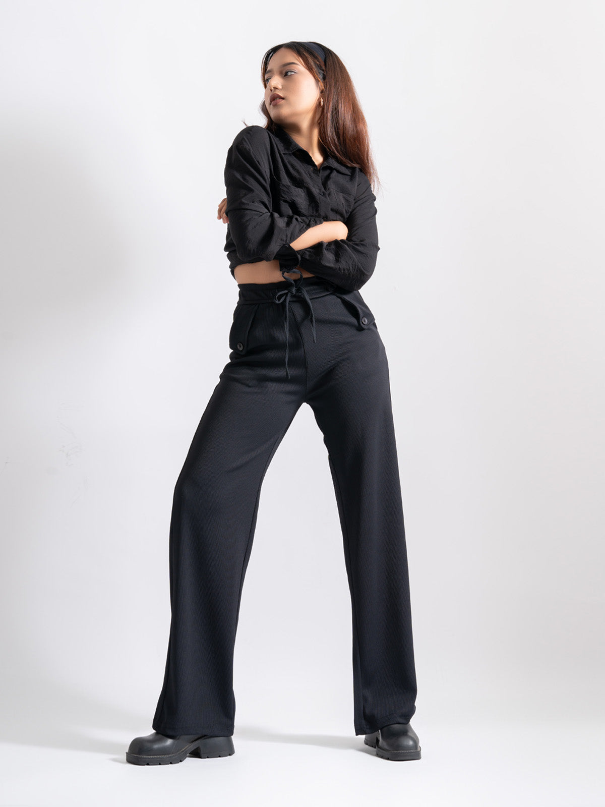 Black Relaxed Fit Ribbed Pants