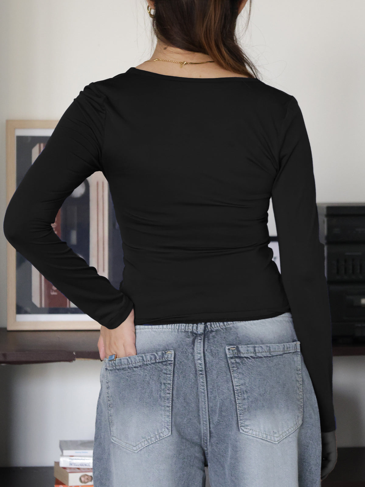 Black Square Neck Long Sleeve Slim Fit Top