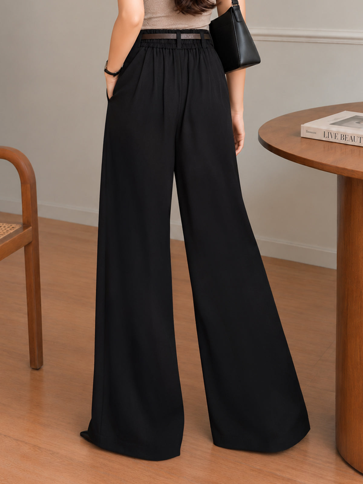Rich Black  Belted Tailored Korean Pant