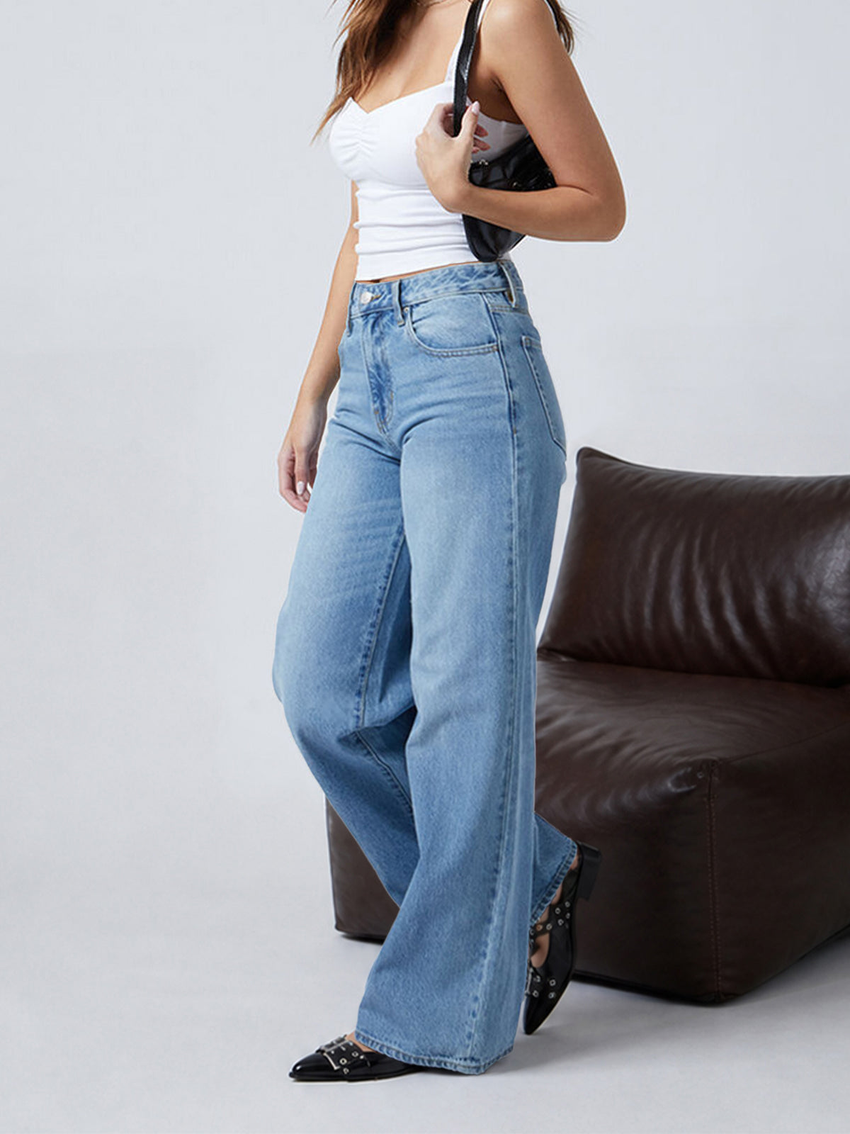Faded Denim Blue Washed Stretchable Wide Leg Jeans