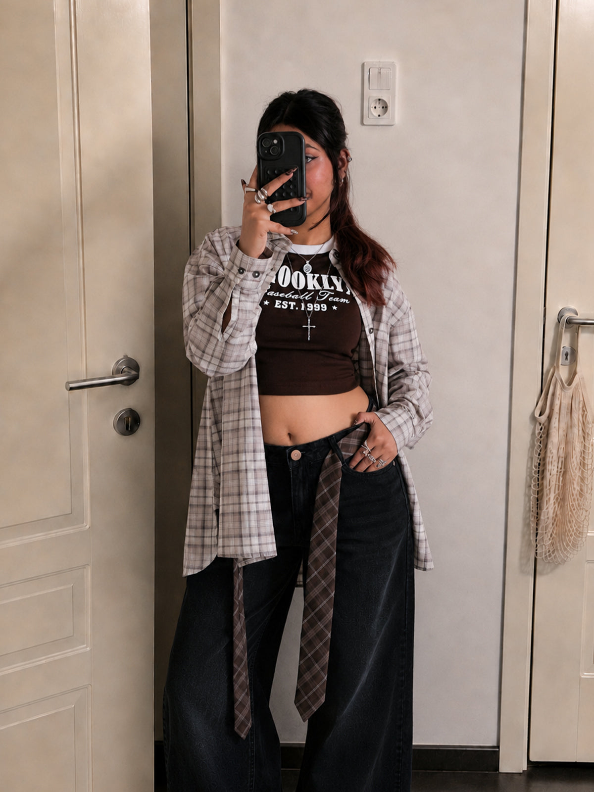 Oatmeal Beige Plaid Oversized Shirt