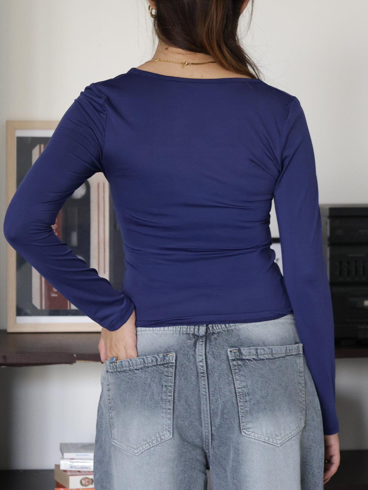 Navy Square Neck Long Sleeve Slim Fit Top