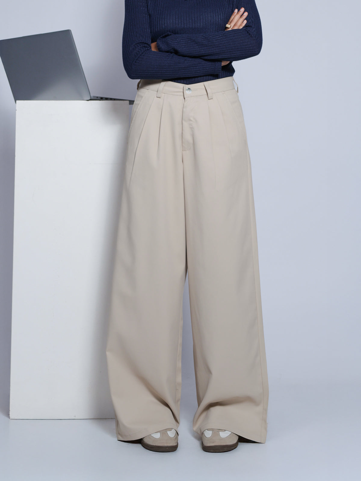 Beige Double Pleated Korean Pant