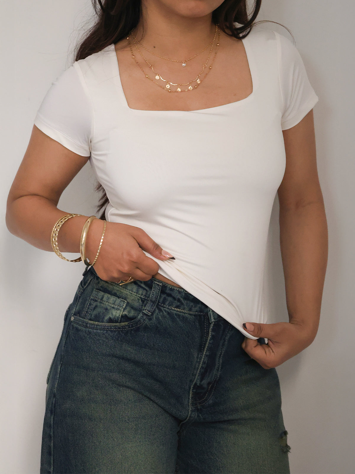 Off-white Square Neck Short Sleeve Slim Fit Top