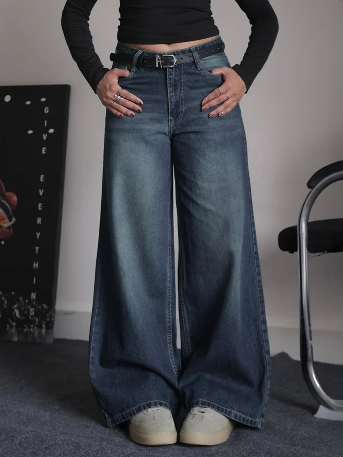 Retro Street Blue Tinted Wide Leg Jeans