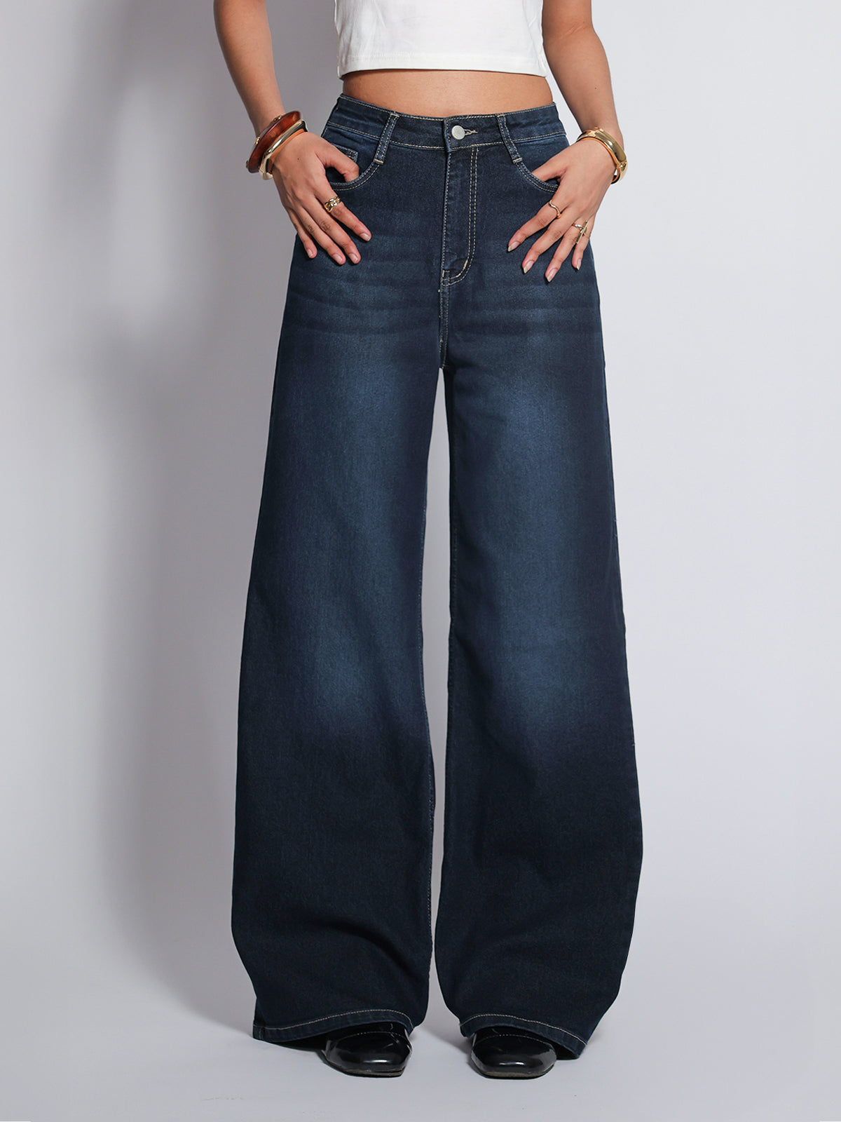 Luxe Premium Dark Blue Washed Stretchable Wide Leg Jeans