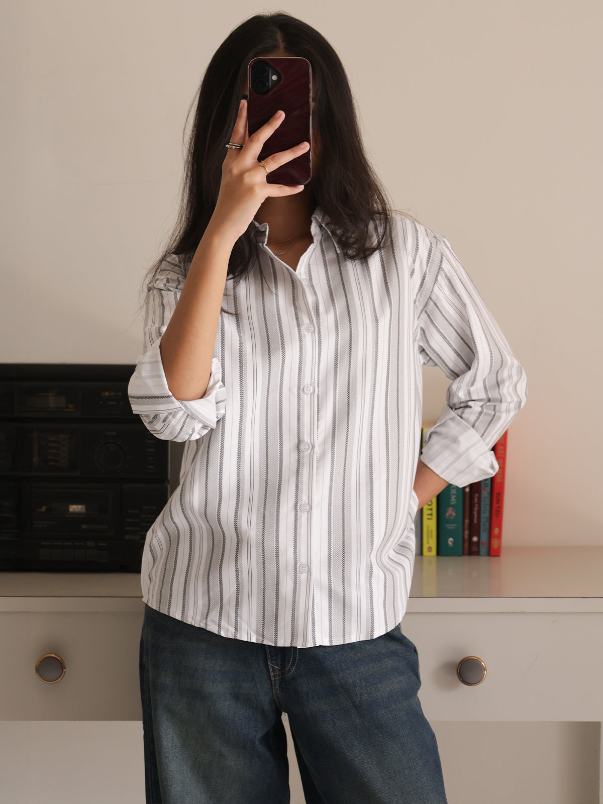 White & Grey Striped Dad Fit Shirt
