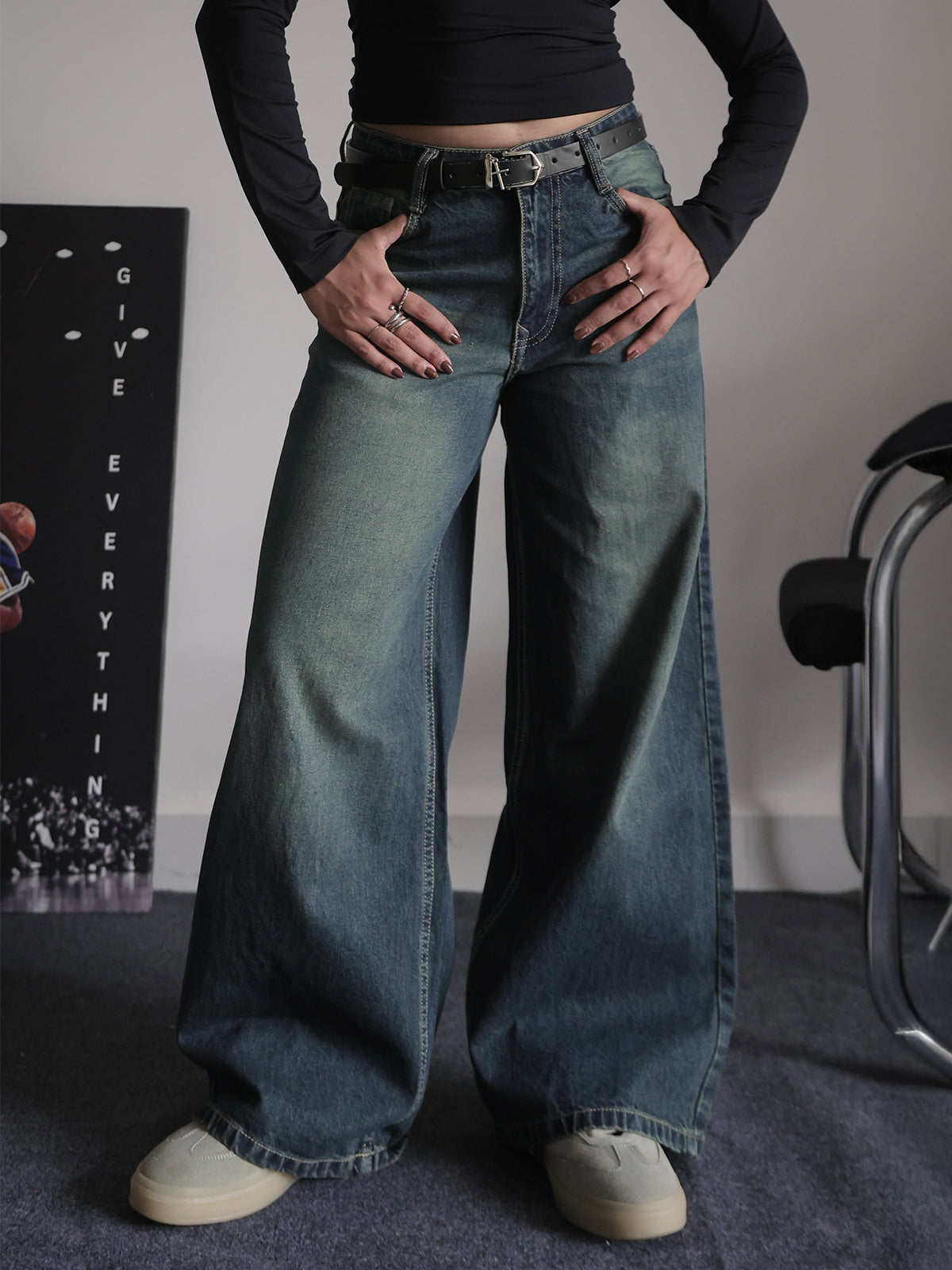 Retro Street Blue Tinted Low Waist Wide Leg Jeans
