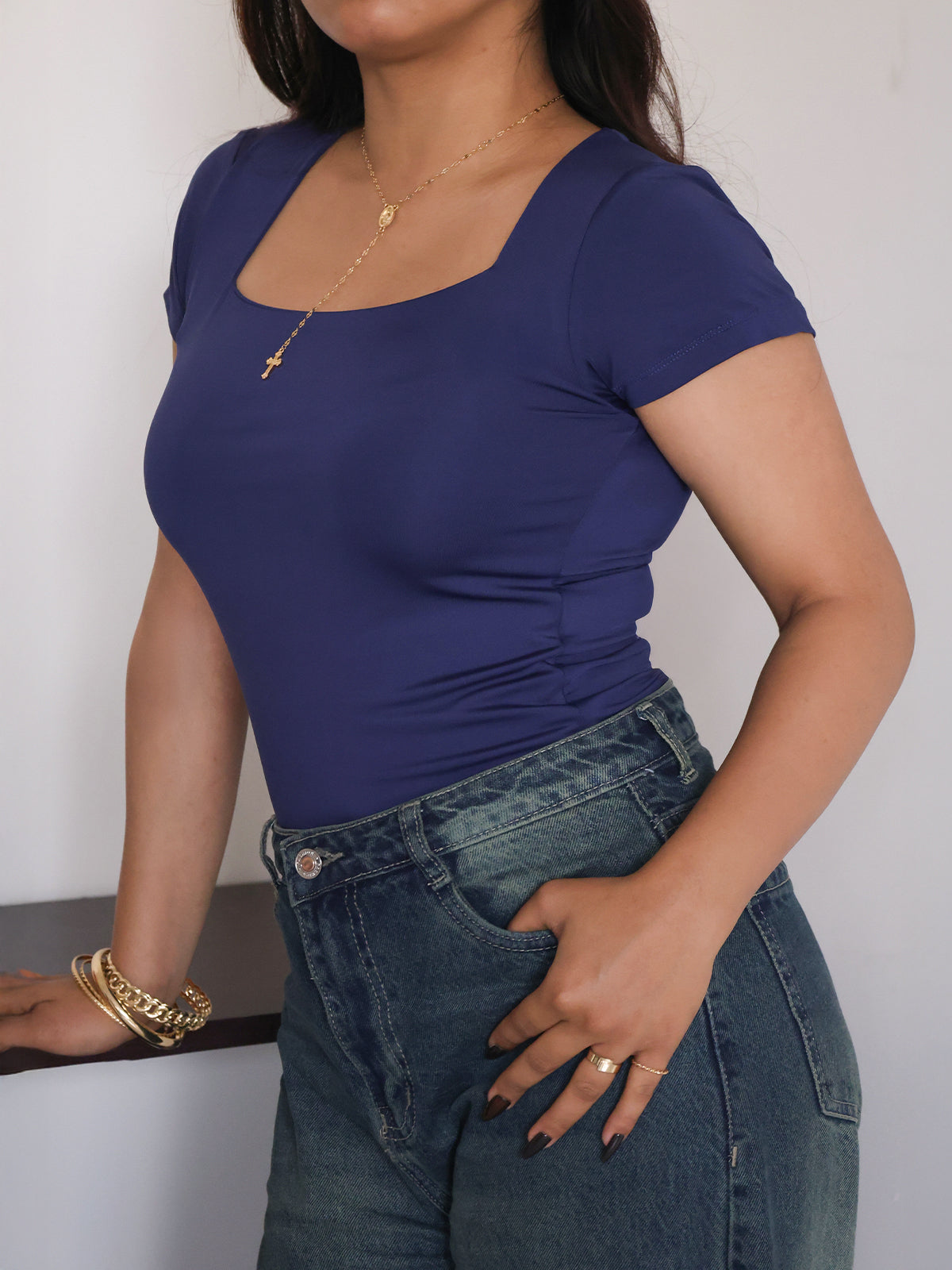 Navy Square Neck Short Sleeve Slim Fit Top