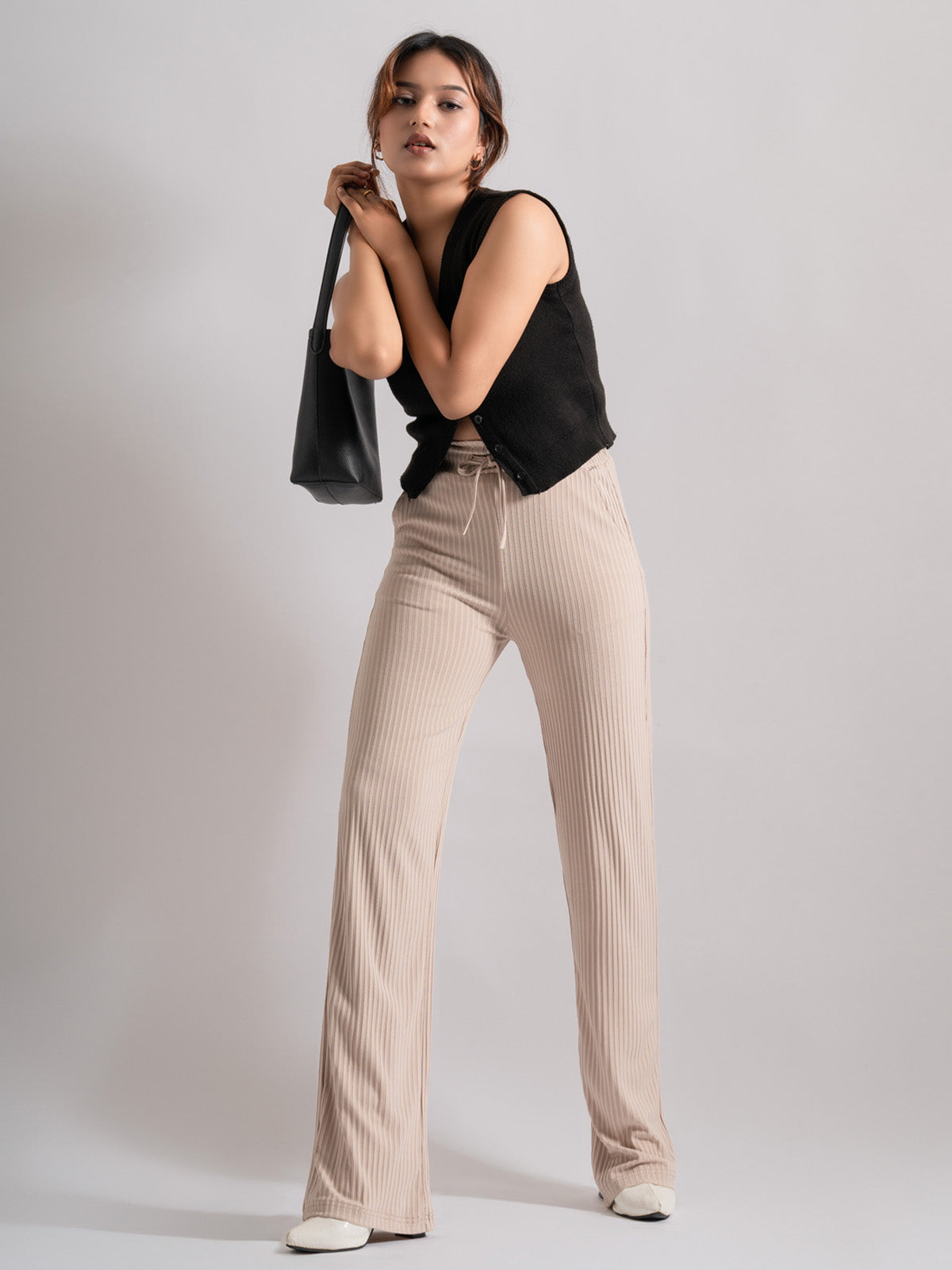 Luxe Beige Lounge Ribbed Korean Trousers