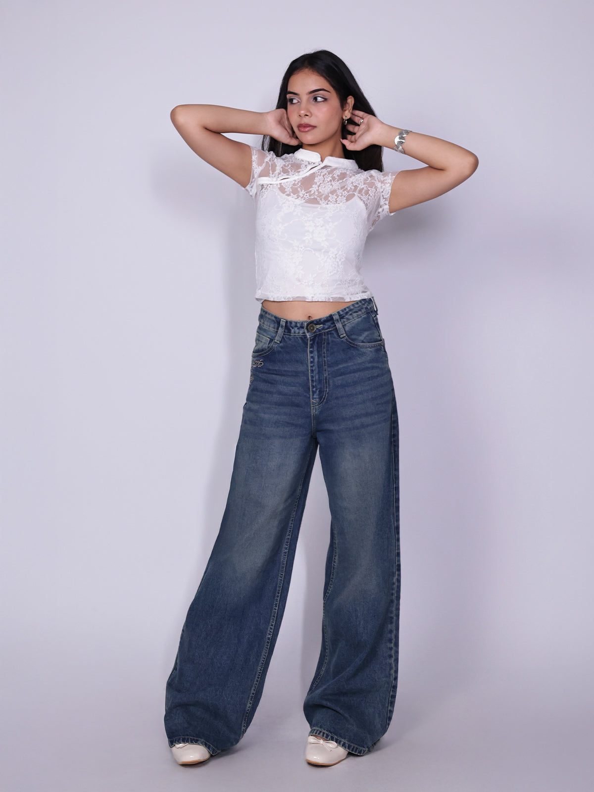 Astral Blue Embroidered Wide Leg Jeans