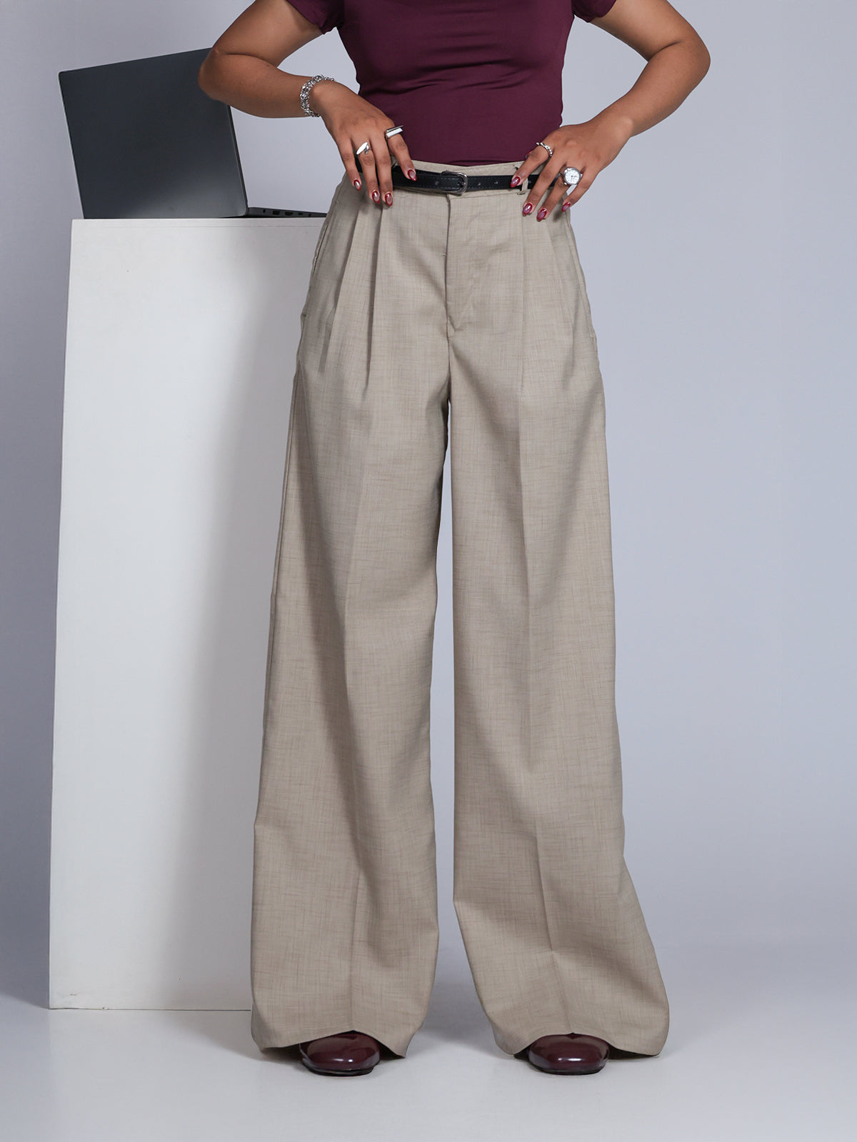 Walnut Brown Belted Wide Leg Korean Pant