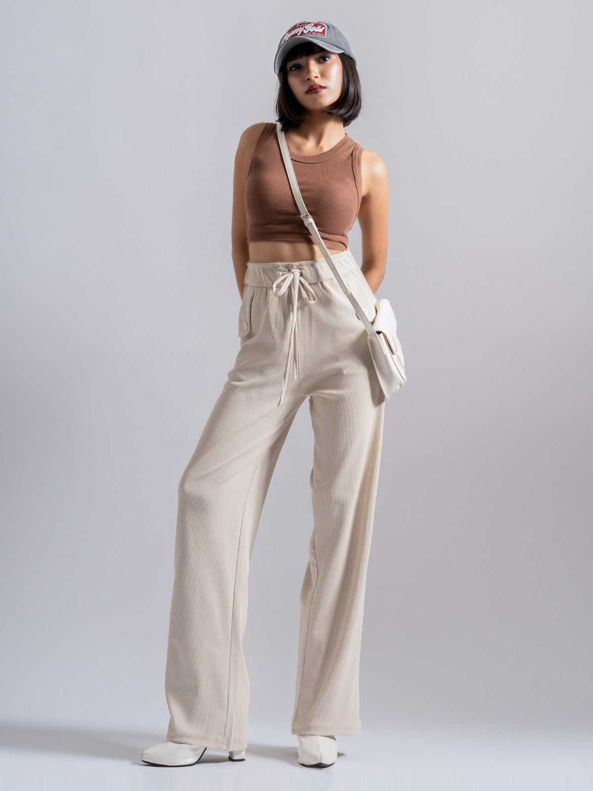 Beige Relaxed Fit Ribbed Pants