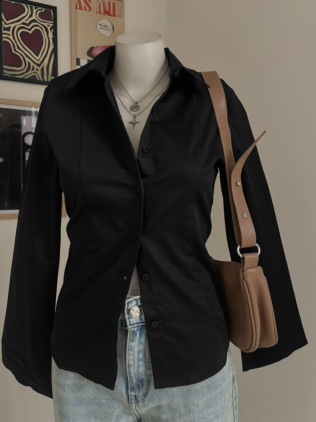Black Flared Sleeve Y2K Fitted Shirt