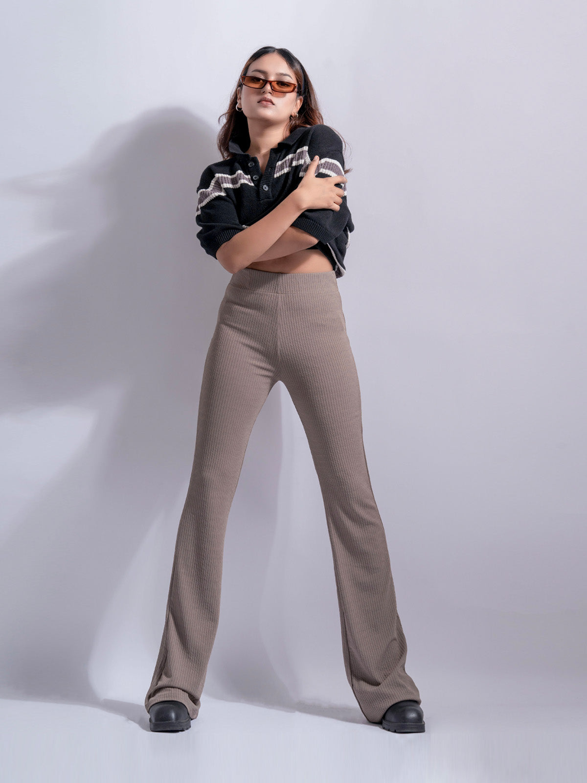 Dusty Beige Relaxed Fit Ribbed Bootcut Pants