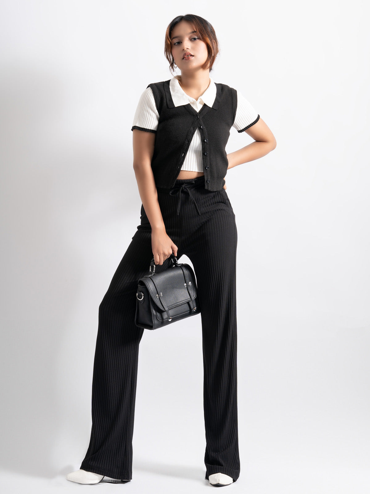 Luxe Black Lounge Ribbed Korean Trousers