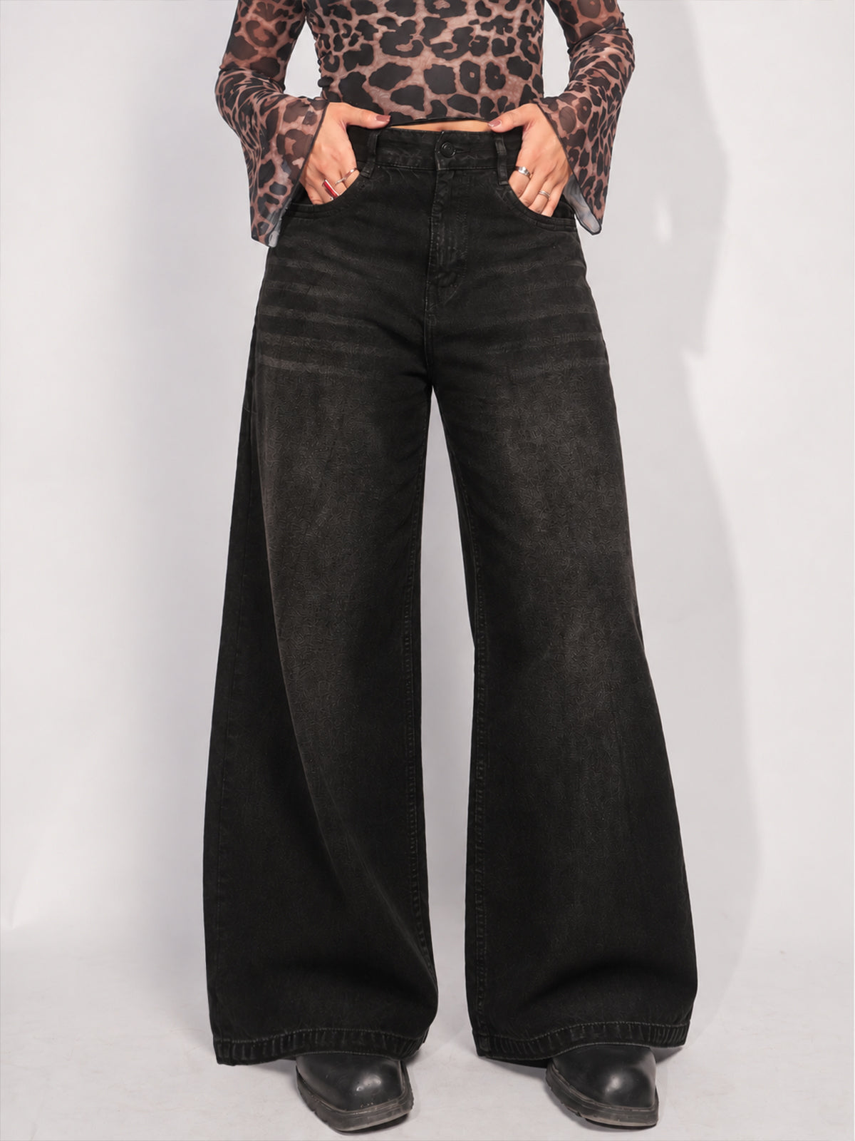 Starry Black Tinted Wide Leg Jeans