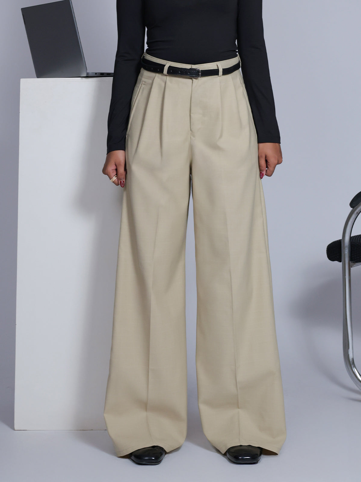 Vanilla Beige Belted Wide Leg Korean Pant