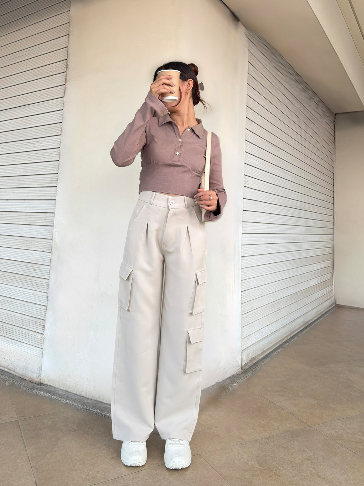 Beige Cargo Wide Leg Korean Pants