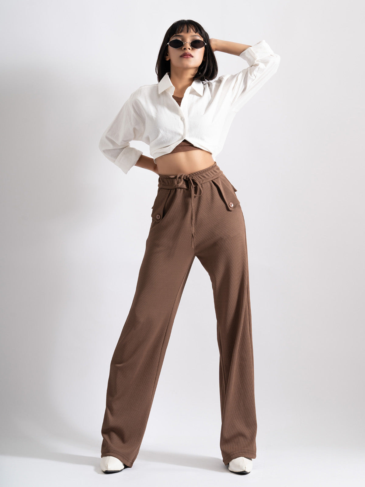 Brown Relaxed Fit Ribbed Pants