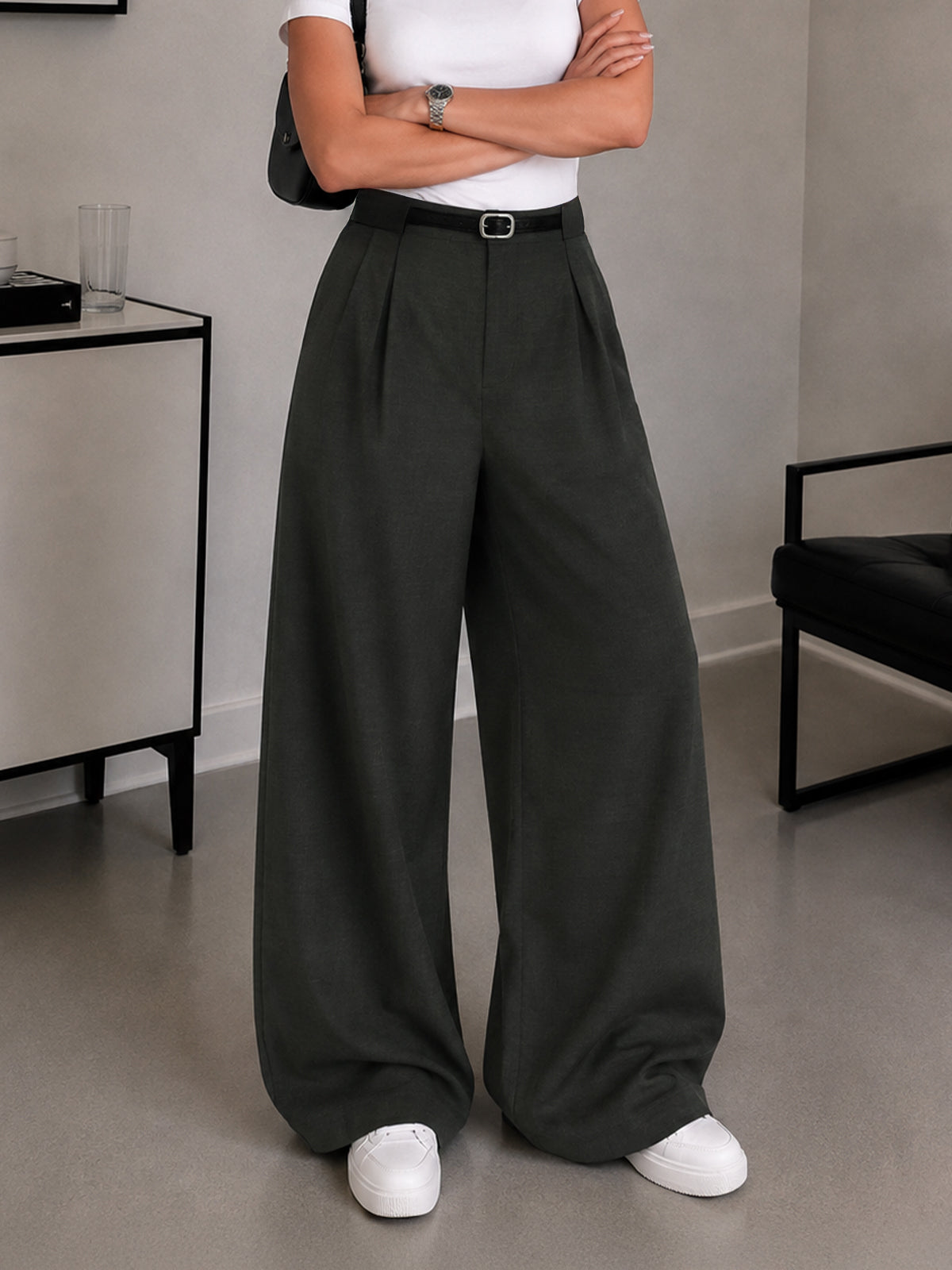 Olive Black Belted Korean Pant