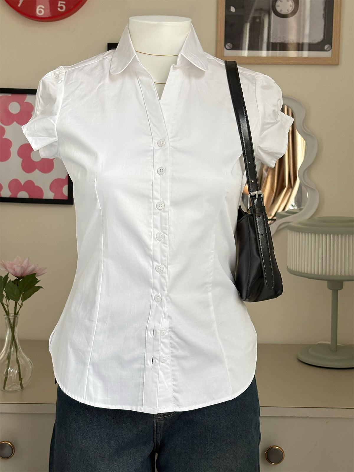White Short Sleeve Y2K Fitted Shirt