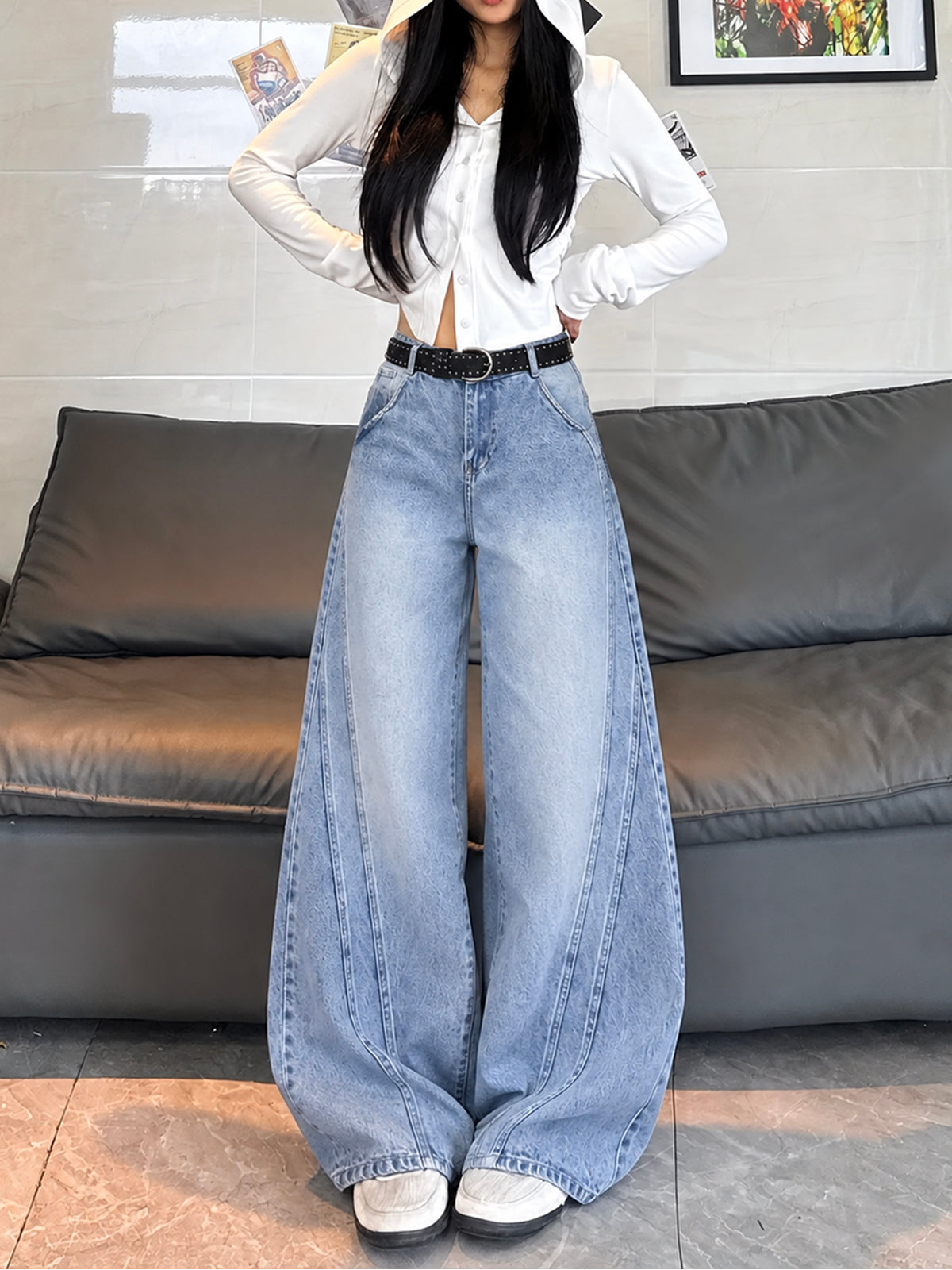 Clover Blue Panelled Super Wide Leg Jeans