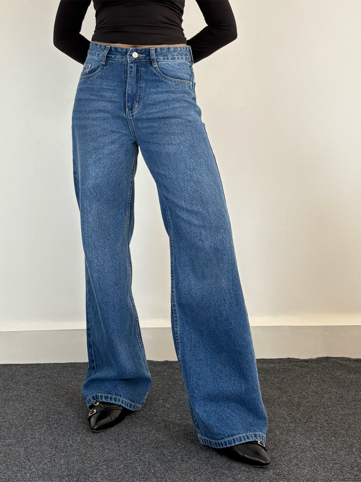 90'S Ocean Blue Whisker Super Wide Leg Jeans