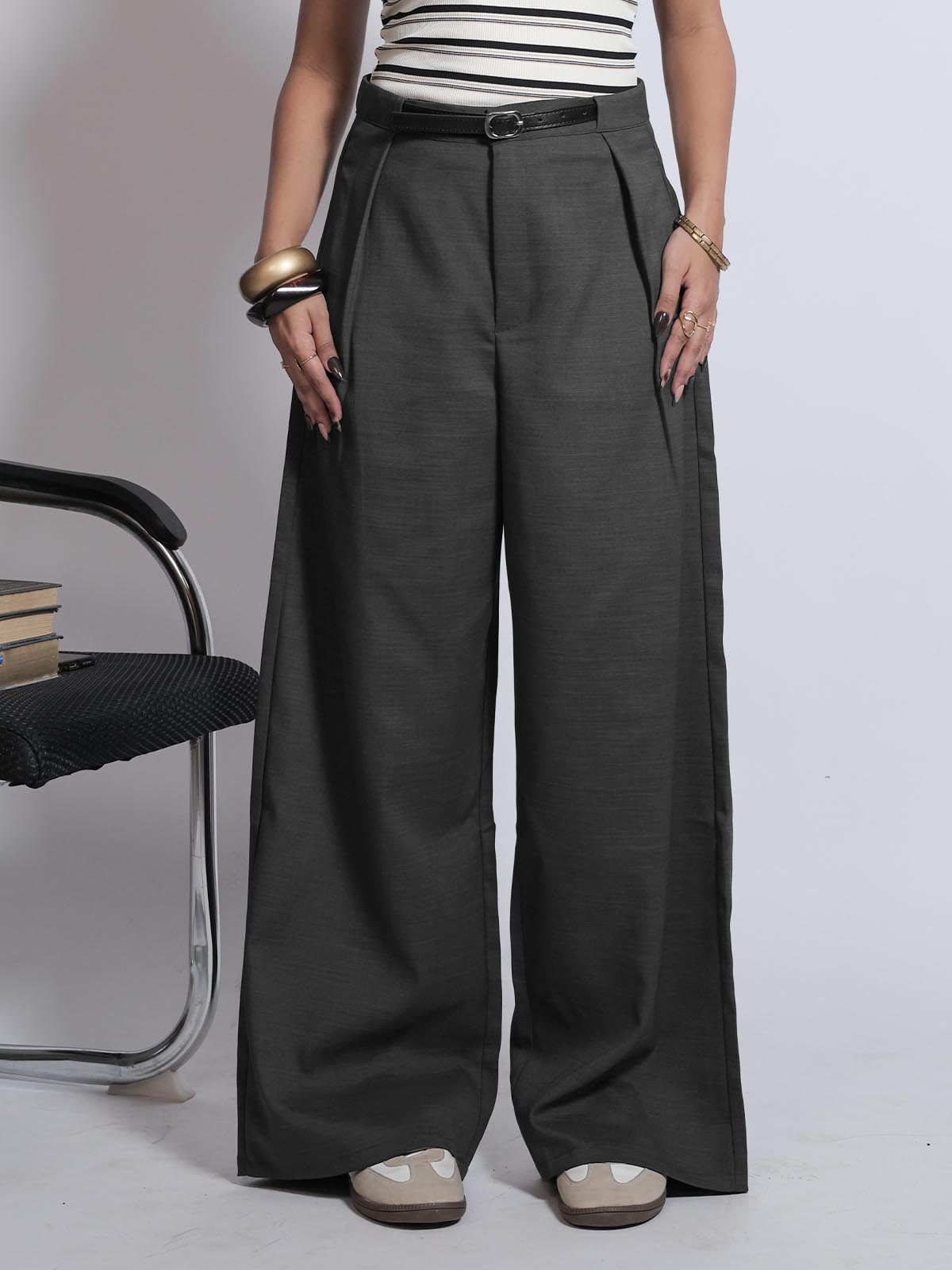 Olive Black Belted Korean Pant