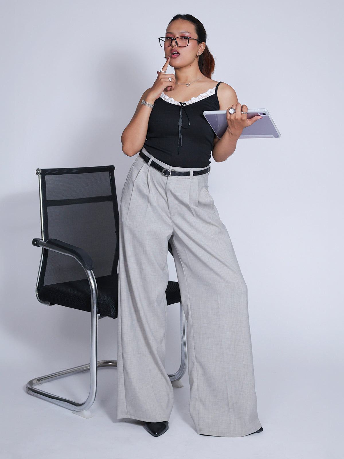 Oat Milk Belted Wide Leg Korean Pant