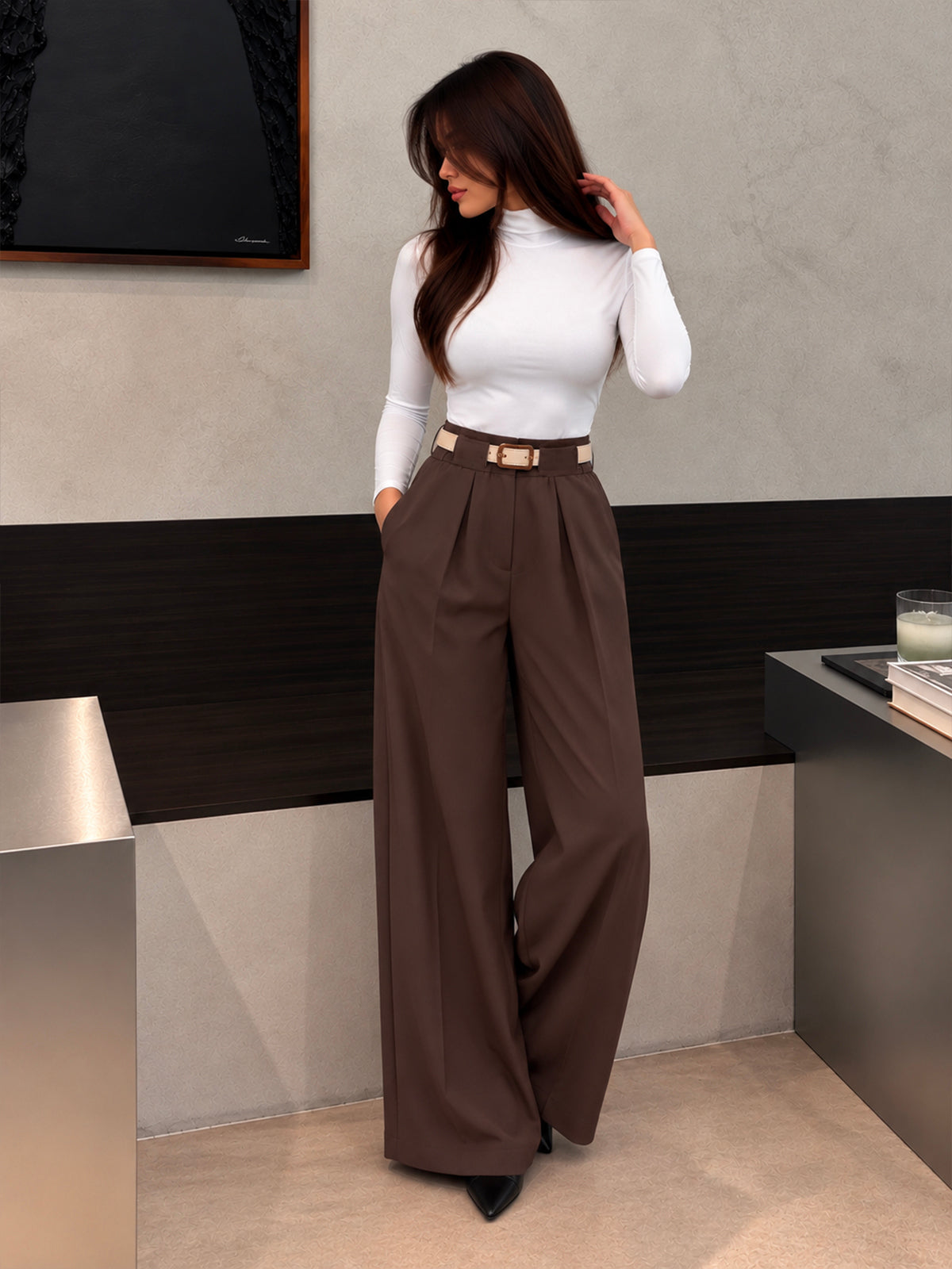 Truffle Brown Belted Tailored Korean Pant