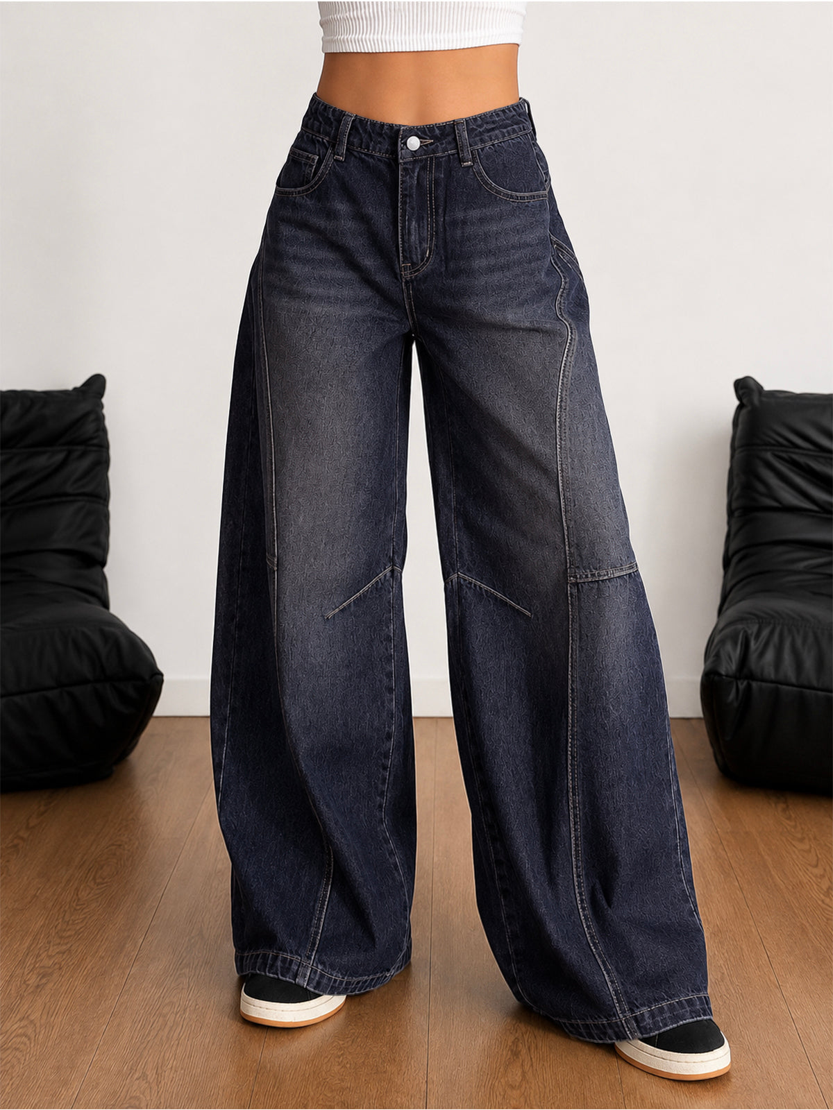 Deep Space Blue Panelled Y2K Wide Leg Jeans