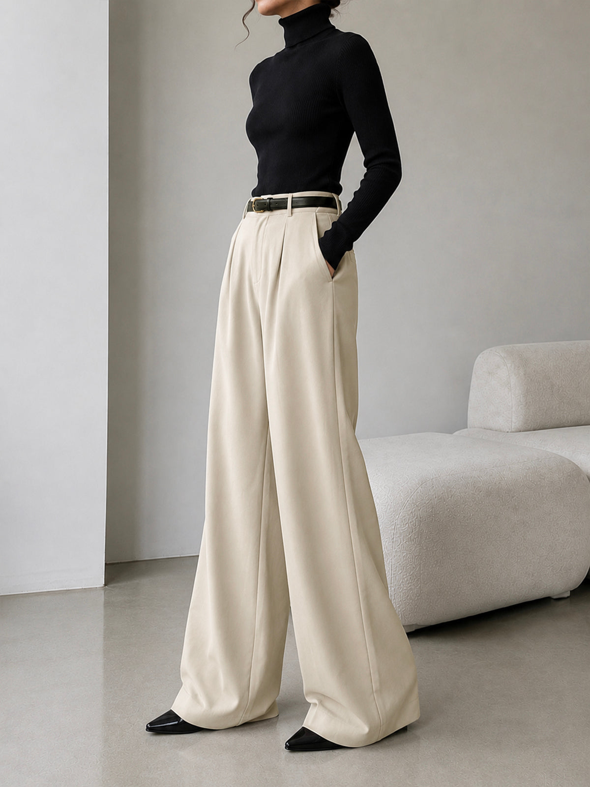 Vanilla Beige Pleated Wide Leg Korean Pants