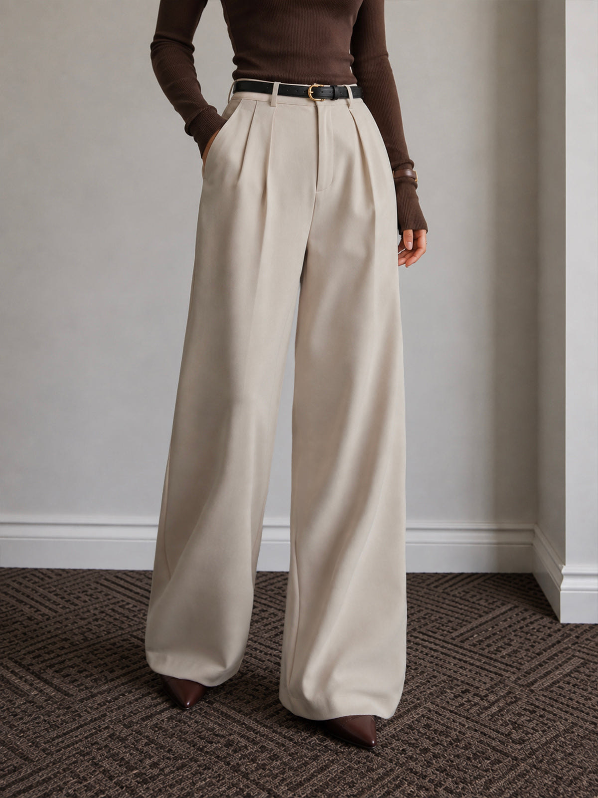 Muted Beige Pleated Wide Leg Korean Pants
