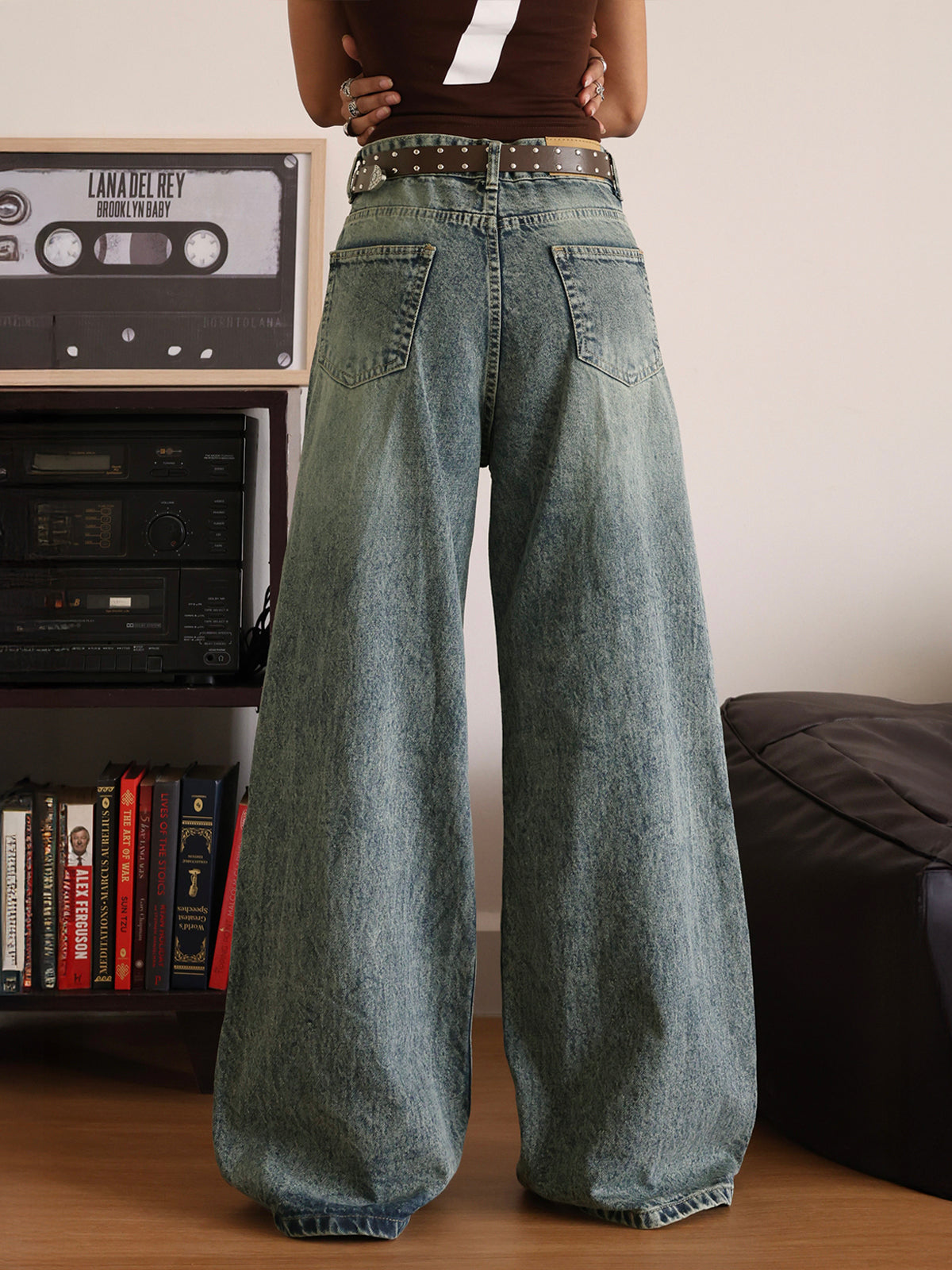 Retro Blue Tinted Ripped Super Wide Leg Jeans