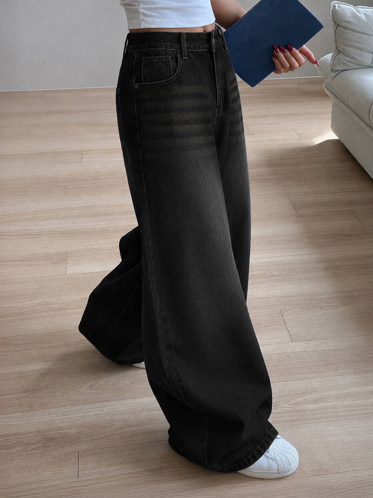 Night Black Tinted Super Wide Leg Jeans